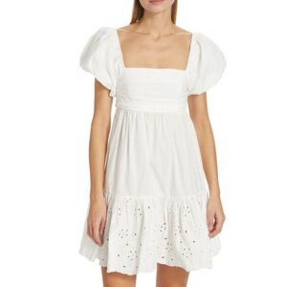 Anthro En Saison Short White Dress Sz S Puff Sleeve Ruffled Eyelet Bow Coquette - Picture 1 of 11